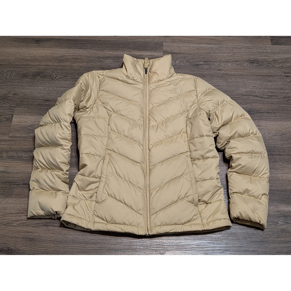 The North Face Womens 550 Down Puffer Jacket Beige Chevron Quilted Size M